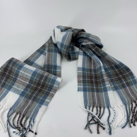 James Pringle Weavers Blue and Gray Tartan Scarf with Fringed Ends - Picture 3 of 9